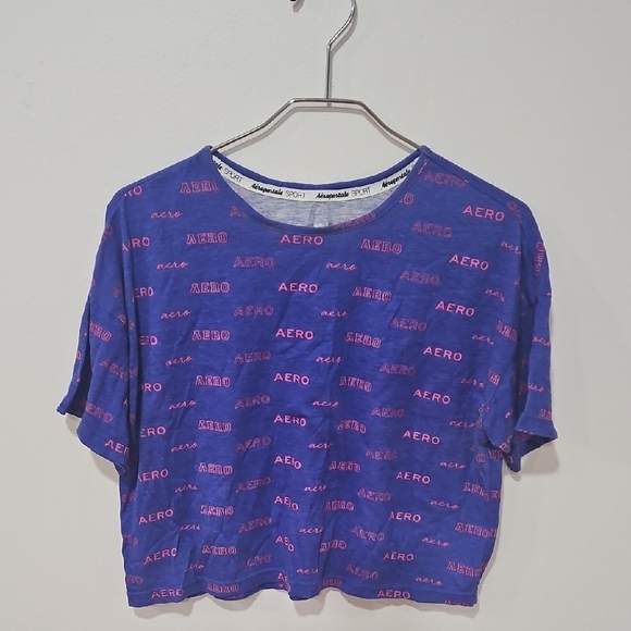 Aeropostale Blue and Purple Short Sleeve Graphic Crop Tee - Picture 1 of 4